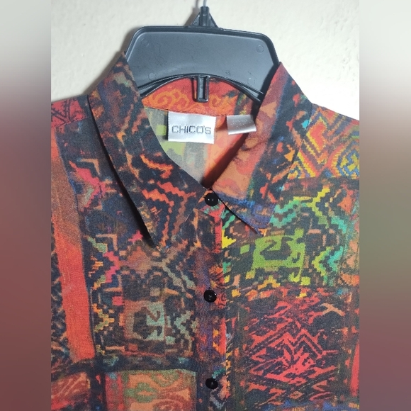 Chicos Top Sheer Silk Geometric Patterned Boho Artsy Colorful - Picture 5 of 16